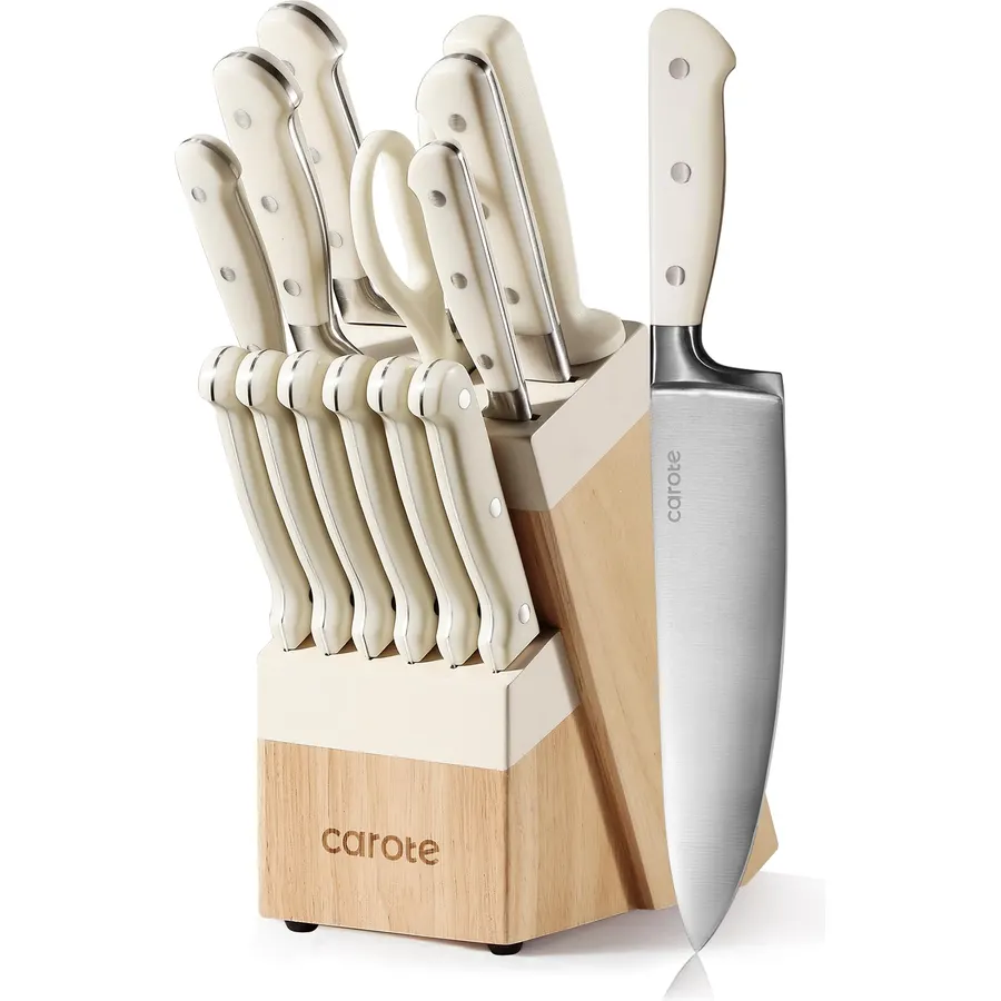 CAROTE 14-Piece Knife Set with Wood Block, Rust-Resistant, Cream
