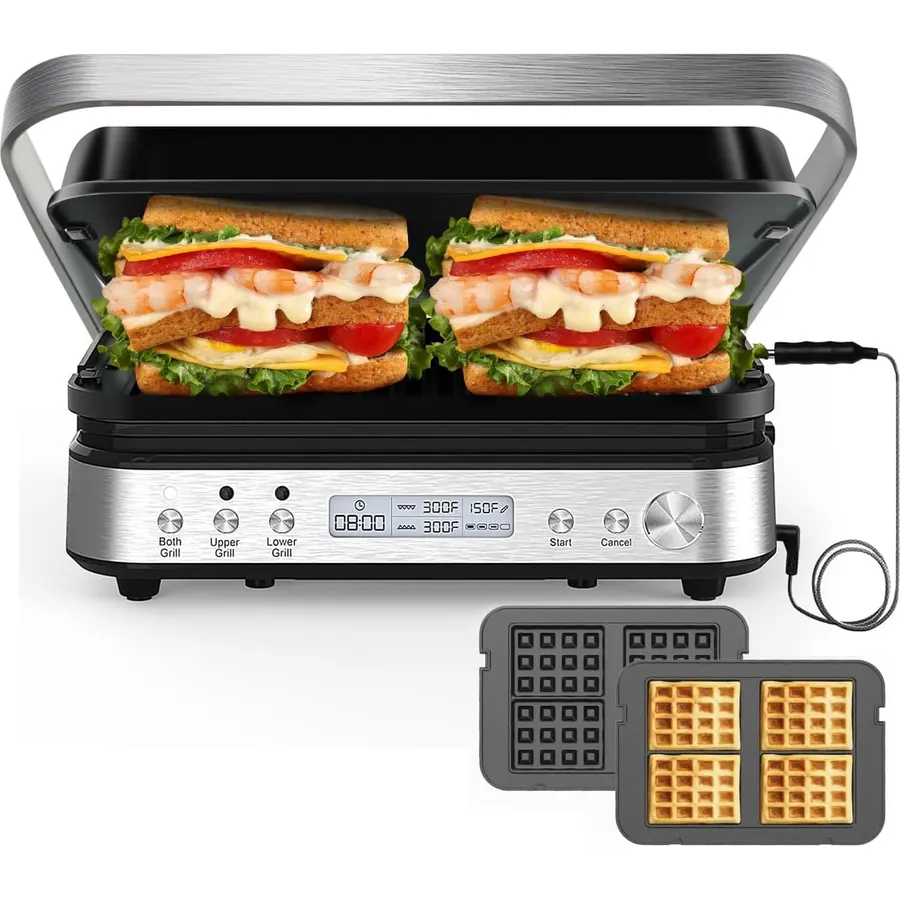 CATTLEMAN 6 in 1 Panini Press Grill with Removable Waffle Plates, 1600W