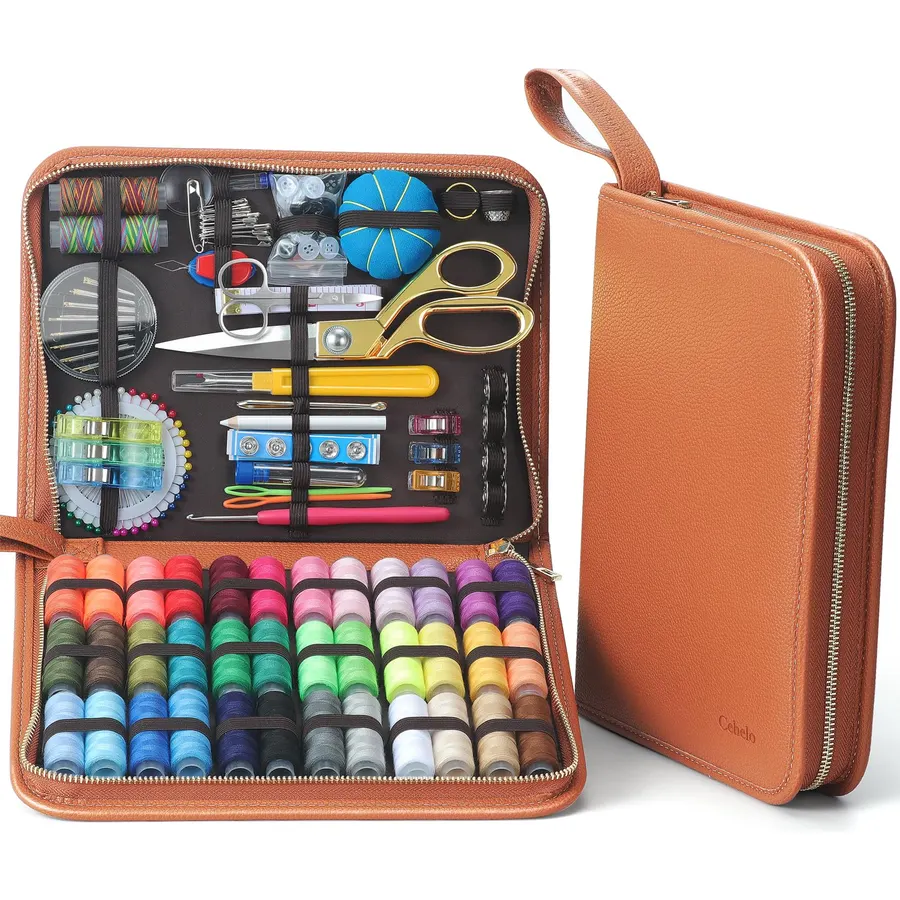Cebelo Large Sewing Kit for Adults: 2-Year Supply for Home Mending (Brown)