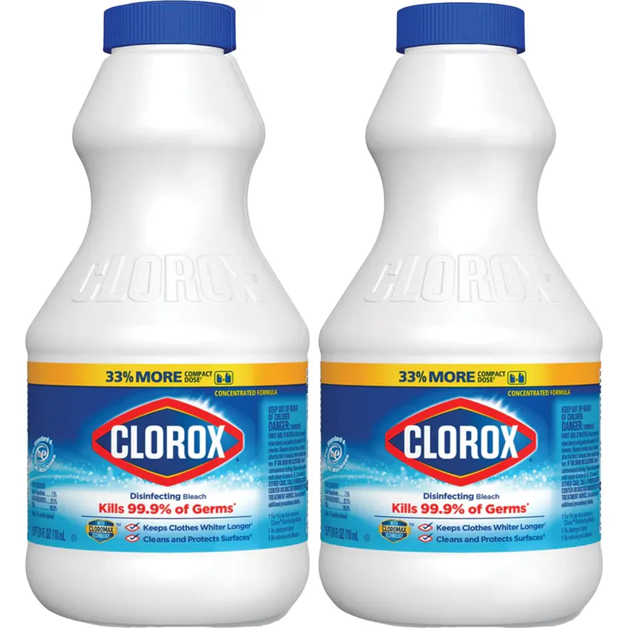 Clorox Regular Disinfecting Bleach Cleaner, 2 Pack Concentrated Liquid Bleach, Removes Mold, Mildew and Stains, Whitens, for Multi Purpose Cleaning and Laundry, 24 oz Bottles