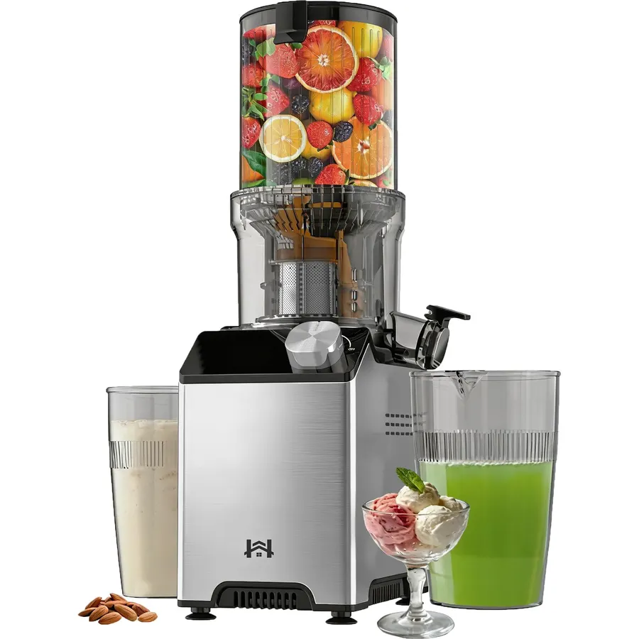 Cold Press Juicer, Wide Feed Chute Juicer Machines, Stainless Steel Slow Masticating Juicers Easy to Clean, Vegetables & Fruits Juice Extractor, High Juice Yield, Silver Color Knob