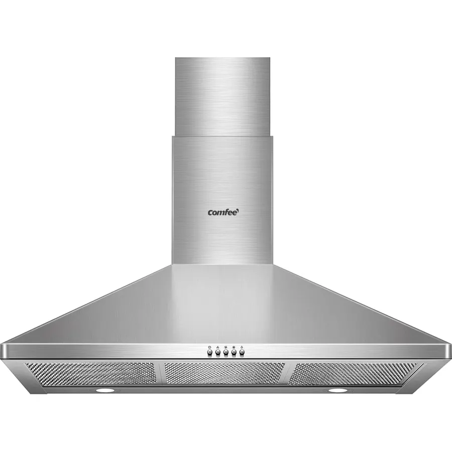 COMEEE CVP36W6AST 36 Inch Ducted Pyramid Range 450 CFM Stainless Steel Wall Mount Vent Hood with 3 Speed Exhaust Fan, 5-Layer Aluminum Permanent Filters, Two LED Lights, Convertible to Ductless