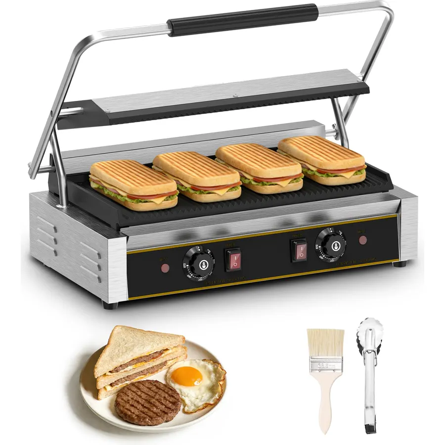 Commercial Panini Press - 3600W Electric Sandwich Maker, Stainless Steel Panini Grill w/Dual Independent Temp Controls, 19"x9" Non-Stick Grooved Plates for Hamburger & Steak - Restaurant Use