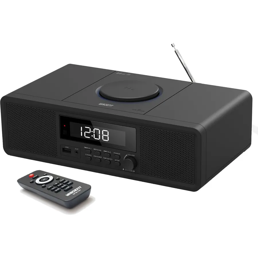 Compact Stereo System with CD Player, Bluetooth, Dual Alarms Clock, FM Radio, 20W RMS Clear Sound, USB/AUX Input, Snooze & Sleep Timer, Remote Control - for Home and Bedroom