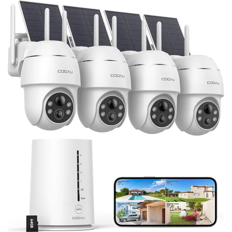COOAU 2.5K/4MP Solar Security Cameras Wireless Outdoor, 64GB Local Storage