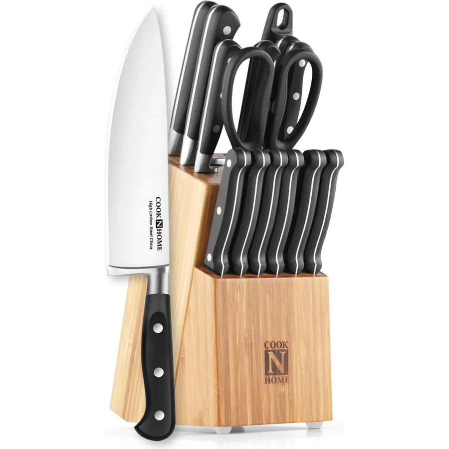 Cook N Home Basics Bamboo Kitchen Cutlery Block Set with Knifes, High Carbon Stainless Steel Blade, 15-Piece, Black
