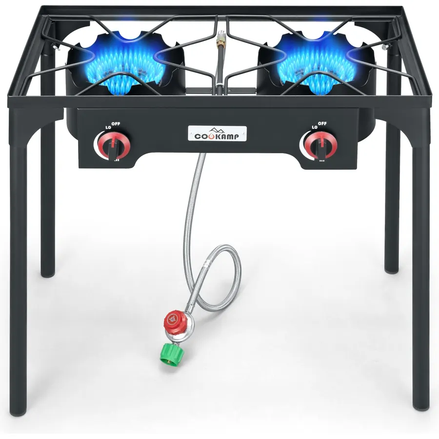 COOKAMP High Pressure Double Propane Burner Outdoor Camping Stove with 0-20 PSI Adjustable Regulator and Steel Braided Hose (Two Burner Stove)