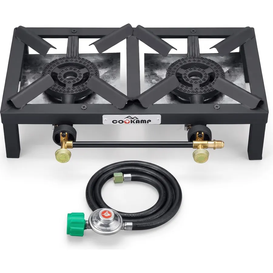 COOKAMP Propane Double Burner Angle Iron Camp Stove with CSA Listed Regulator and 4ft Hose (SA2200)