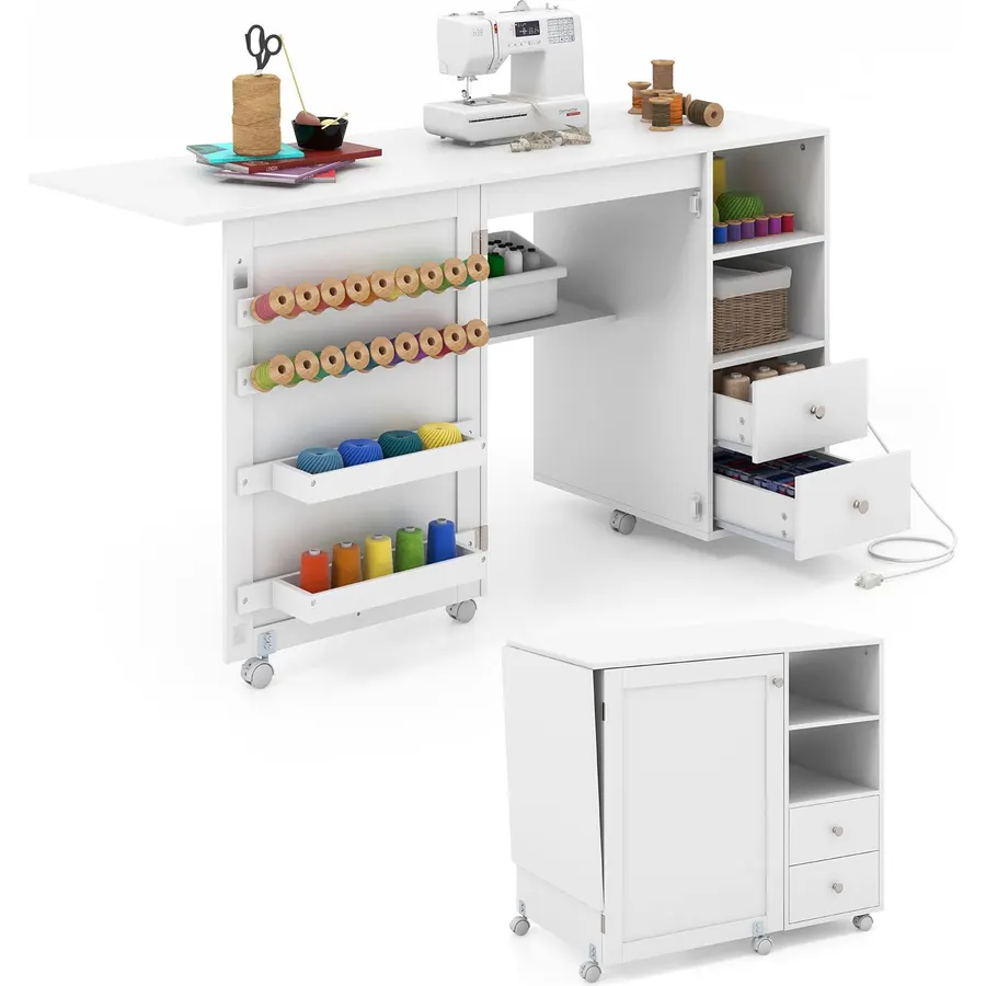 DORTALA Folding Sewing Table with Charging Station, Rolling Craft Station with 3 Storage Bins & Open Shelf, Mobile Sewing Machine Desk with Lockable Wheels for Home, Small Spaces (Brown)