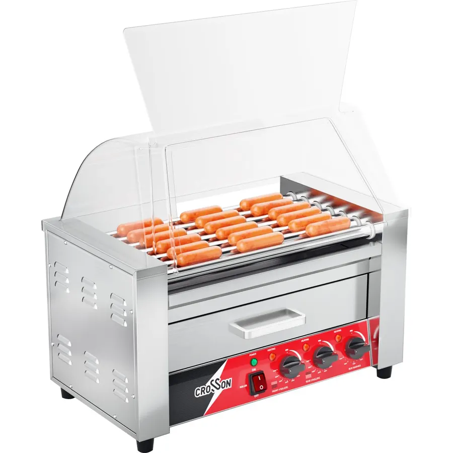 CROSSON Hot Dog 7 Roller Grill Cooker Machine with Transparent Sneeze Guard,7 Nonstick 304SS Rollers and Dual Temp Control,Commercial Hot Dog Cooker Machine-120V, 1050W