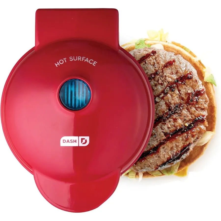 DASH Mini Maker Portable Grill Machine + Panini Press for 4" Burgers, Sliders, Sandwiches, Chicken + Other On the Go Breakfast, Lunch, or Snacks with Recipe Guide - Red