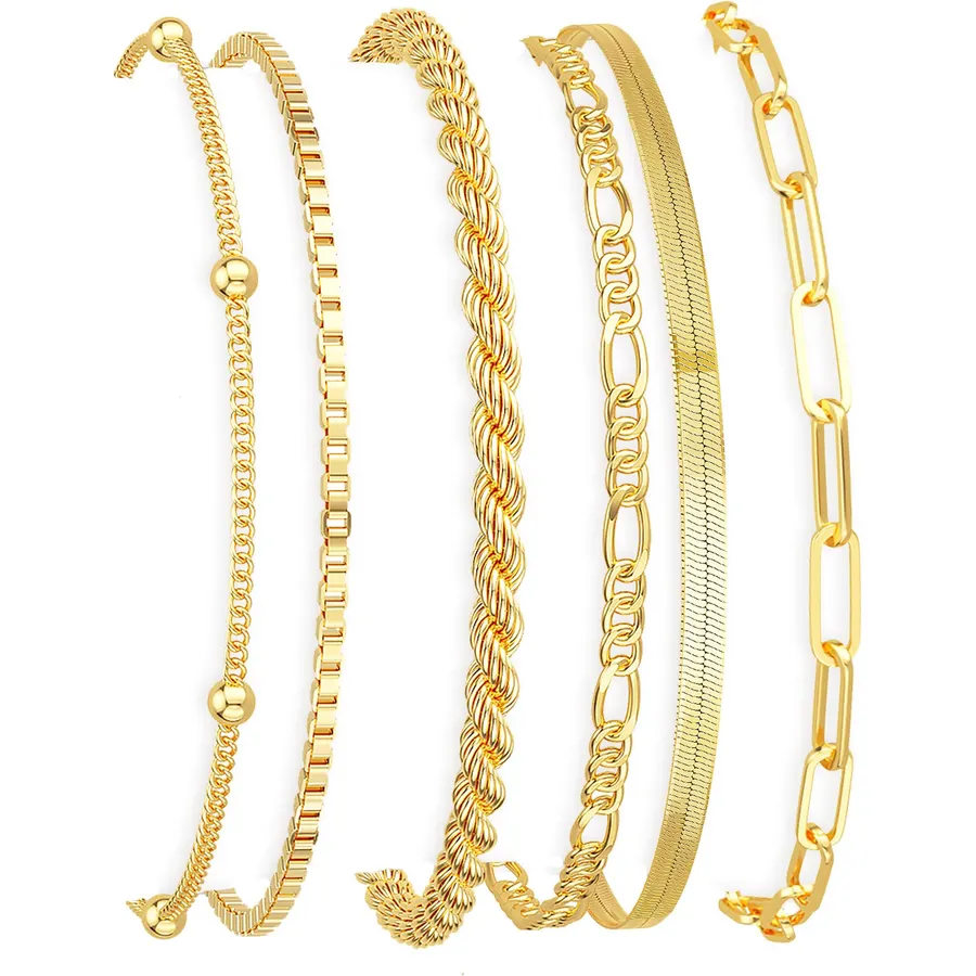 POXTEX 14K Gold Plated Bracelets for Women Waterproof, Non Tarnish Trendy Dainty Minimalist Stackable Jewelry Sets, Herringbone Cuban Paperclip Rope Bead Link Chain Stack Pack, Modern Fashion Accessories Gifts