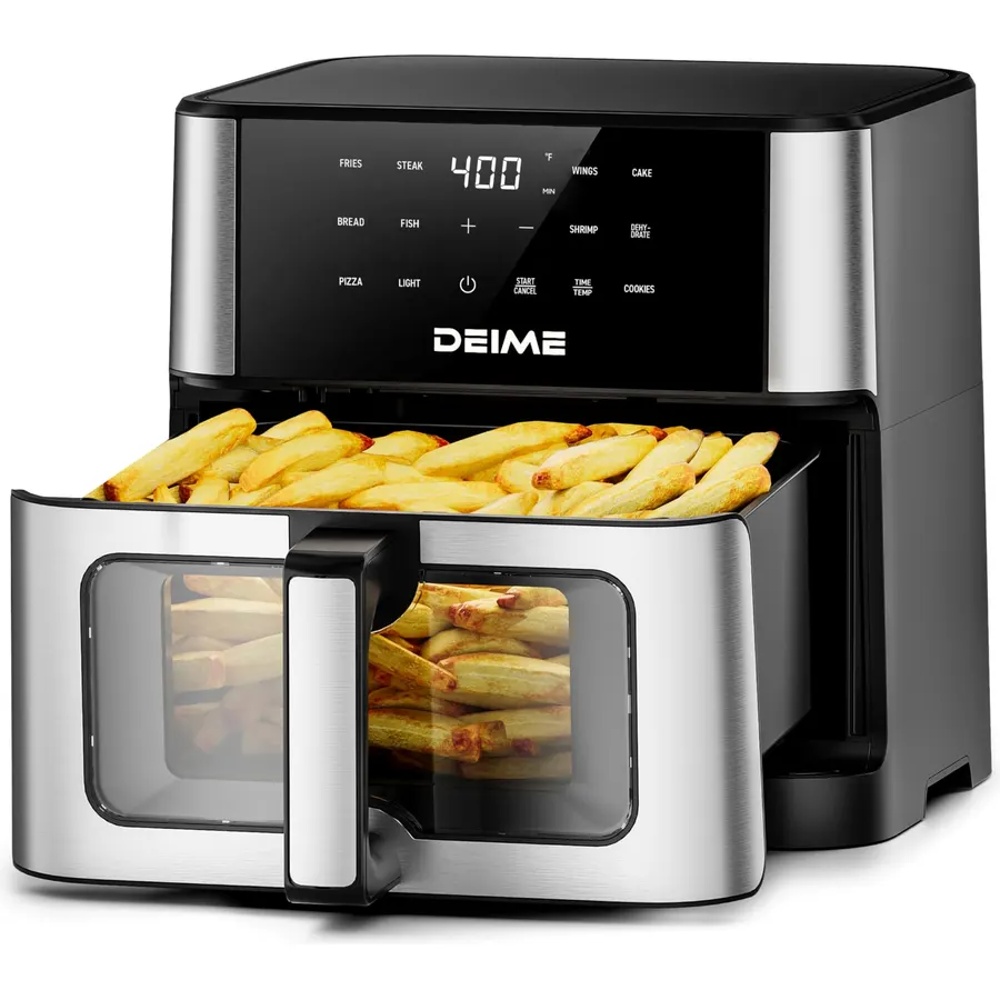 DEIME Air Fryer 10.2 QT, 1700W Large Capacity with 10 Preset, Visual Cooking Window, Non-Stick Basket, Recipe Included (Silver)