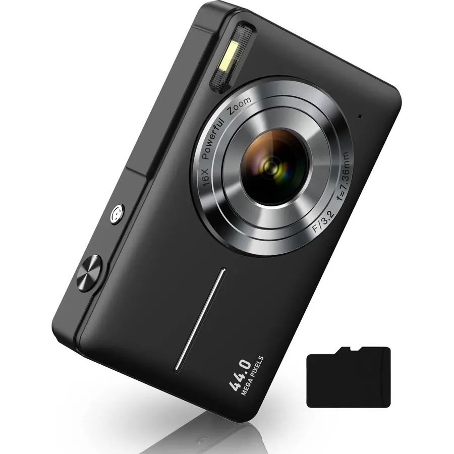 Digital Camera 1080P with 32G Card 16X Zoom Flash Portable for Kid, Black