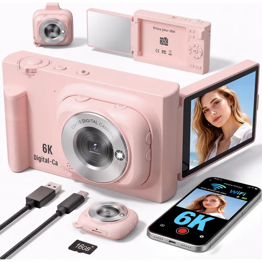 Digital Camera with WiFi, 2-in-1 Camera with Detachable Mini POV Camera, Vlogging & Travel Camera with Flip Screen for Selfies, Video Recording and Content Creation