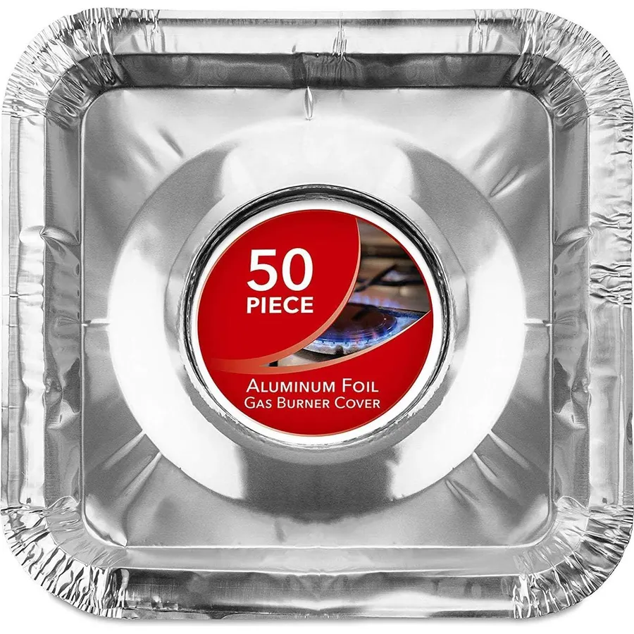 Disposable Gas Burner Liners (50 Pack) Aluminum Foil Square Gas Stove Burner Covers - 8.5 Inch Gas Range Protector, Stove Top Covers for Gas Burners, Foil Liners to Catch Oil, Grease, and Food Spills