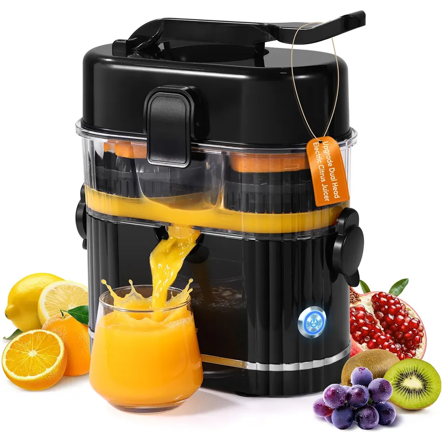 Dual-Head Electric Orange Juicer, Built-in Cutter Citrus Juicer Squeezer with Power Cord & Cleaning Brush, One-Touch Automatic Electric Juicer Machine for Orange, Lemon and Grapefruit, Black