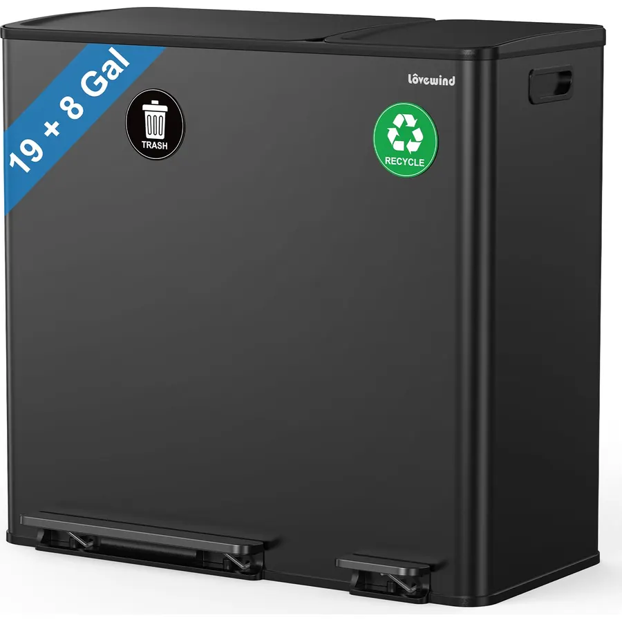 Dual Trash and Recycling Bins for Kitchen, 19+8 Gallon (72+30L) Stainless Steel Trash and Recycle Bin Combo with Soft-Close Lid, Large Garbage Cans for Kitchen Home with 2 Magnets Sticker, Black