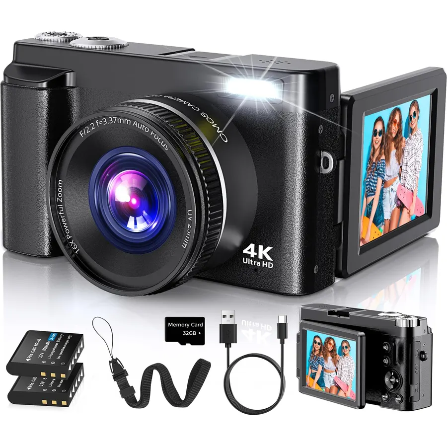 4K Digital Camera for Beginners & Teens, Compact Vlogging Camera with 180° Flip Screen, Autofocus, Easy-to-Use for Travel & YouTube, 18X Zoom, WiFi, 2 Batteries, 32GB Card