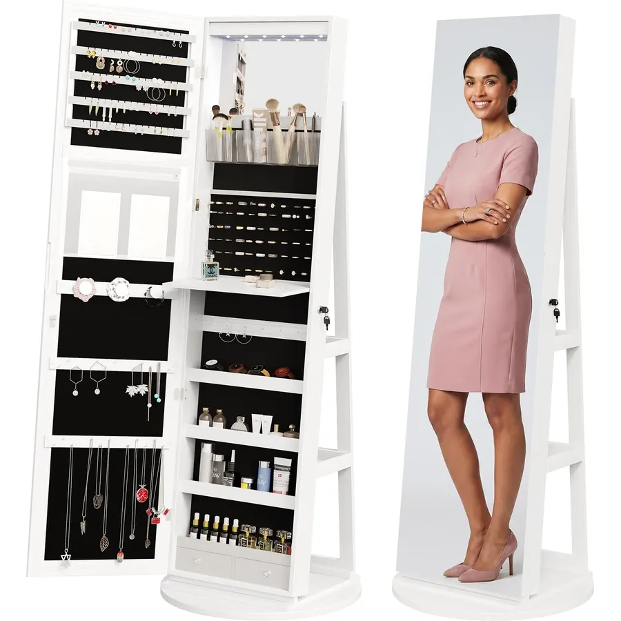 DUMOS 6 LEDs Standing Jewelry Armoire Cabinet, Full Length Mirror, Lockable