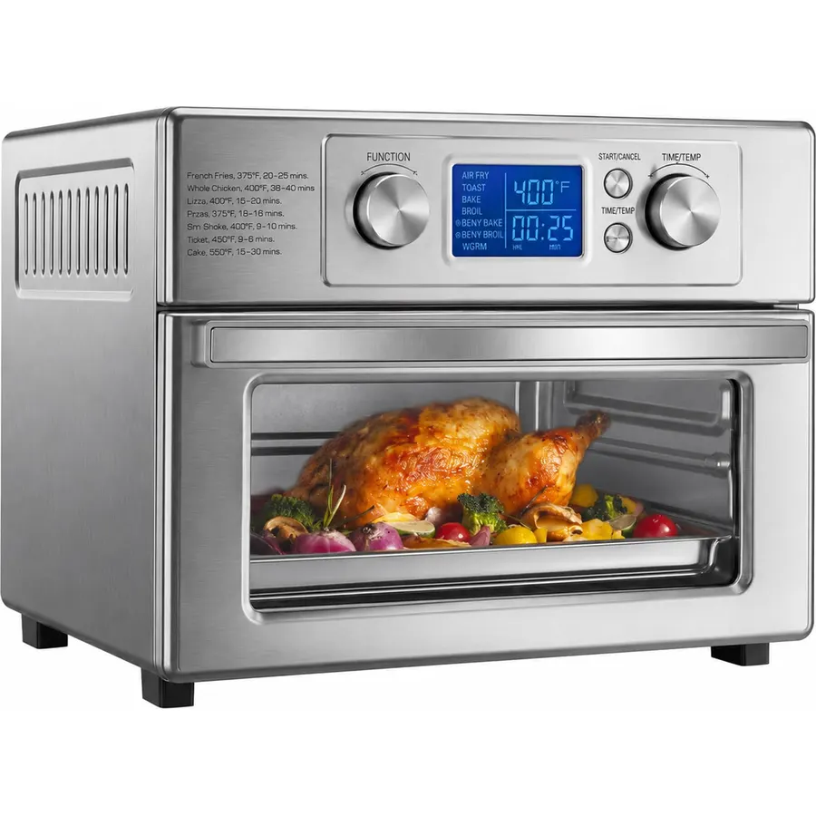 DUMOS Air Fryer Toaster Oven Combo, 23QT Toaster Ovens Countertop, 180–450°F Adjustable Temp, 60-Min Auto-Off Timer, 4-in-1 Air Fry, Toast, Broil & Bake, Stainless Steel, Accessories Included