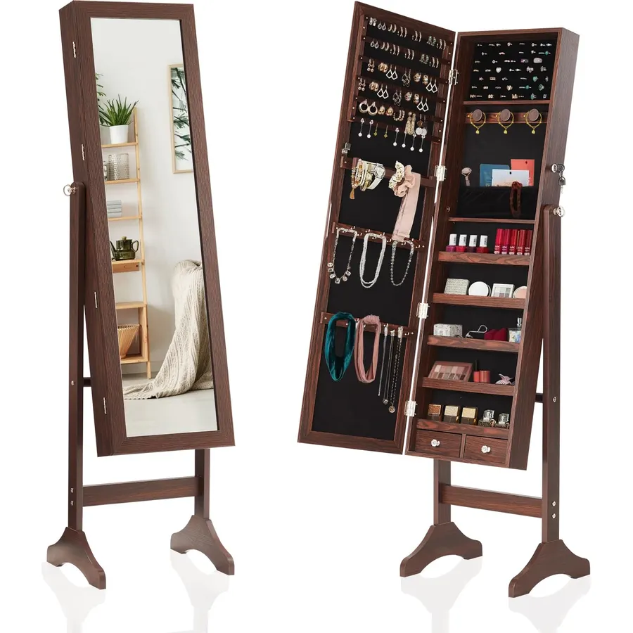Best Choice Products Freestanding Jewelry Armoire Cabinet, Full Length Standing Mirror, Lockable Makeup Storage Organizer, w/Velvet Lining, 3 Angles, Lock, Accessory Pouch, 5 Shelves - Gray Oak
