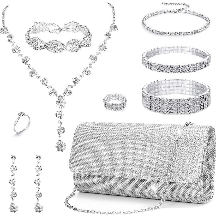 EIELO Purse Rhinestone Bridal Jewelry Sets for Women Clutch Purse Necklace Earrings Bracelet Jewelry Sets for Wedding Bridal Bridesmaid Gifts Evening Party Prom Jewelry Set
