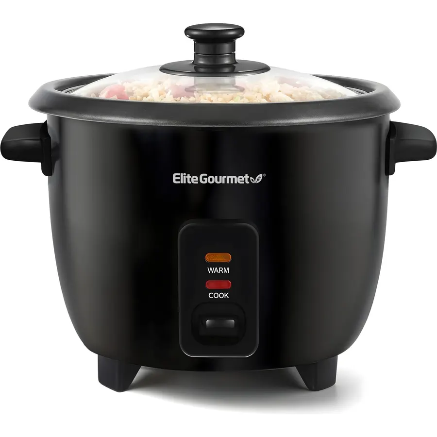 Elite Gourmet Rice Cooker & Steamer, Non-Stick Pot, Black, 6 Cups Cooked