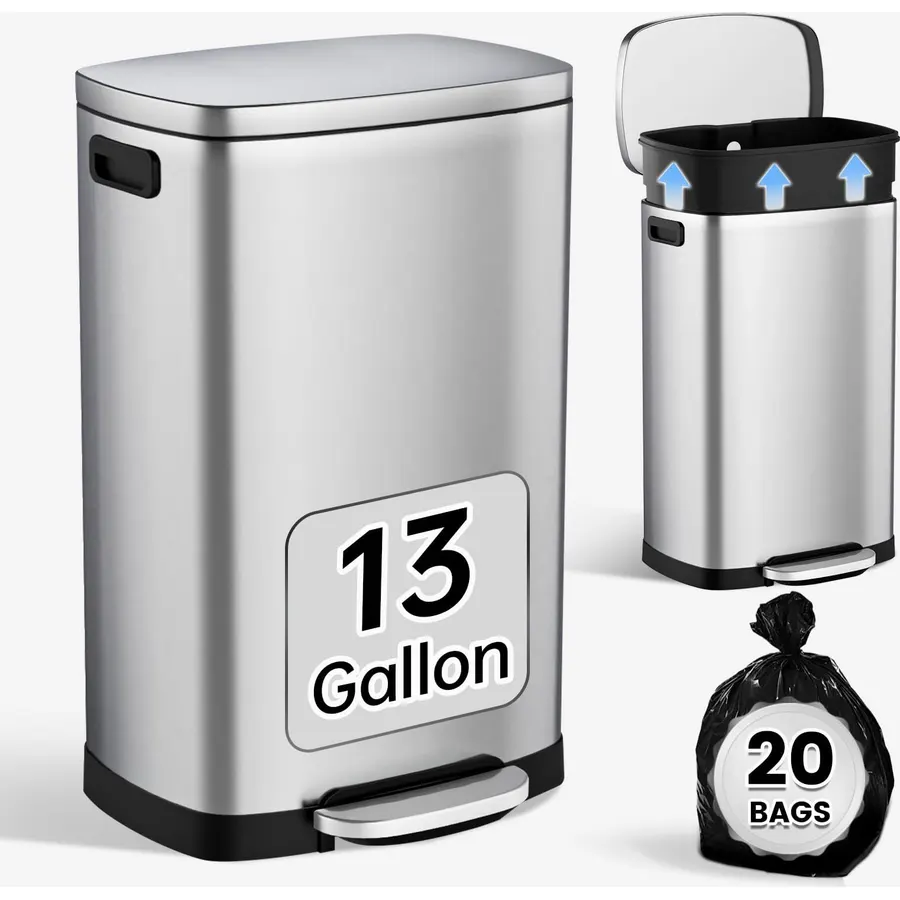 GarveeHome 13 Gal / 50 L Stainless Steel Kitchen Trash Can with Lid, Slim Step-On Garbage Bin, Large Rustproof Metal Trash Can with Soft Close, Inner Bucket & Rear Handle, White