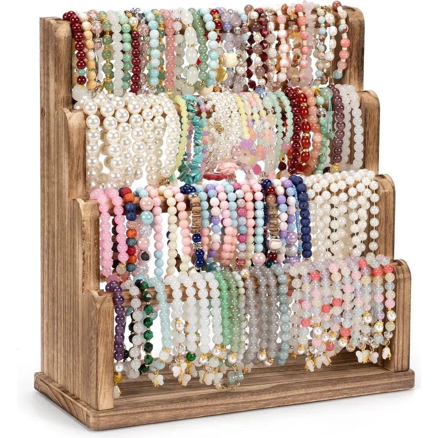 Emfogo Bracelet Holder, 4 Tier Bracelet Organizer Storage for Bracelets Bangles Watch Scrunchies, Rustic Wood Jewelry Organizer Display for Home, Vendors, Craft Shows and Store(Rustic Brown)
