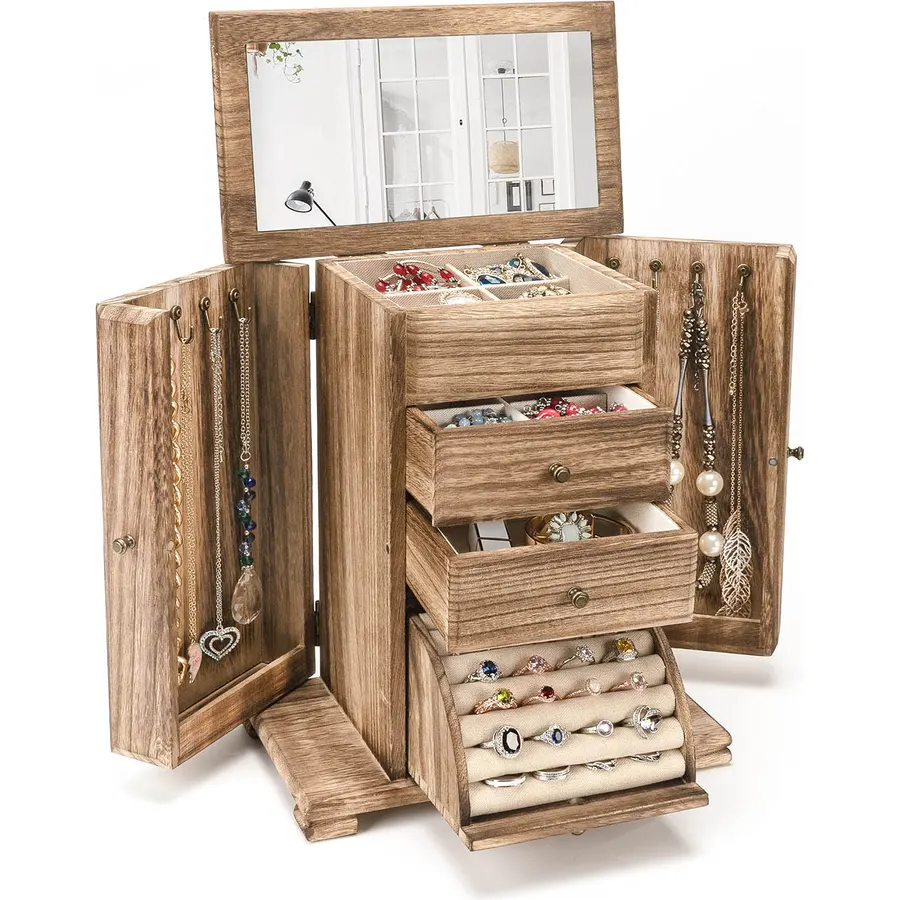 Emfogo Jewelry Box for Women, Rustic Wooden Jewelry Boxes & Organizers with Mirror, 4 Layer Jewelry Organizer Box Display for Rings Earrings Necklaces Bracelets (Rustic Brown)