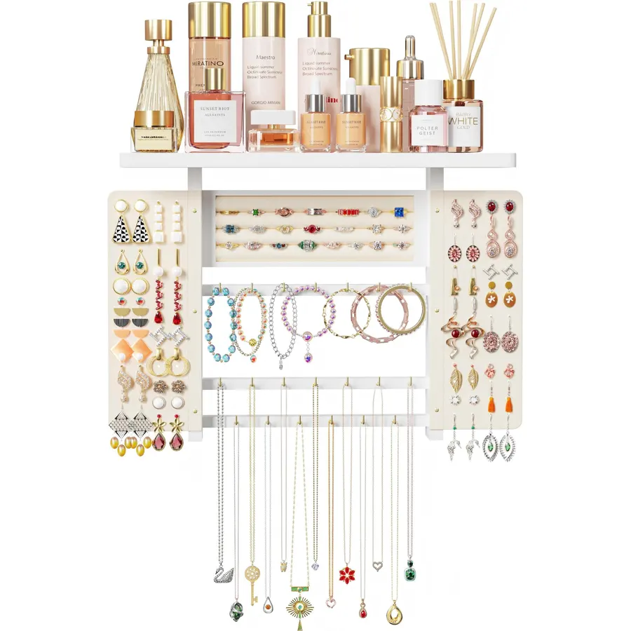 Emfogo Jewelry Organizer Hanging Wall Mounted Jewelry Holder, 5-in-1 Large Capacity Necklace Organizer Wall Hanging Jewelry Display for Ring, Necklaces, Bracelets, Earrings (White)