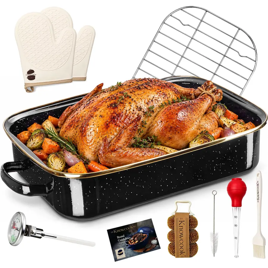 Enamel Turkey Roasting Pan with Rack for Oven, 8pcs Roaster Black