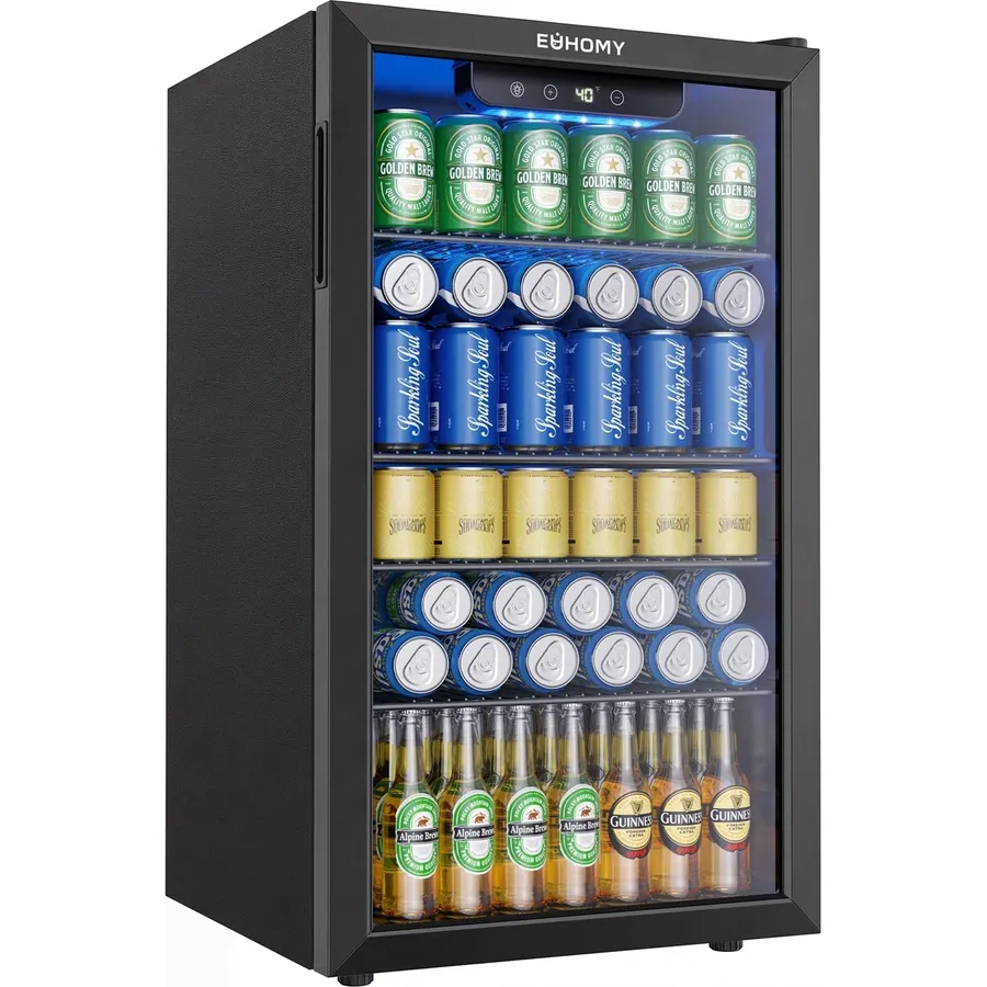EUHOMY 130 Can Mini Fridge, Beverage Refrigerator with Glass Door, Black