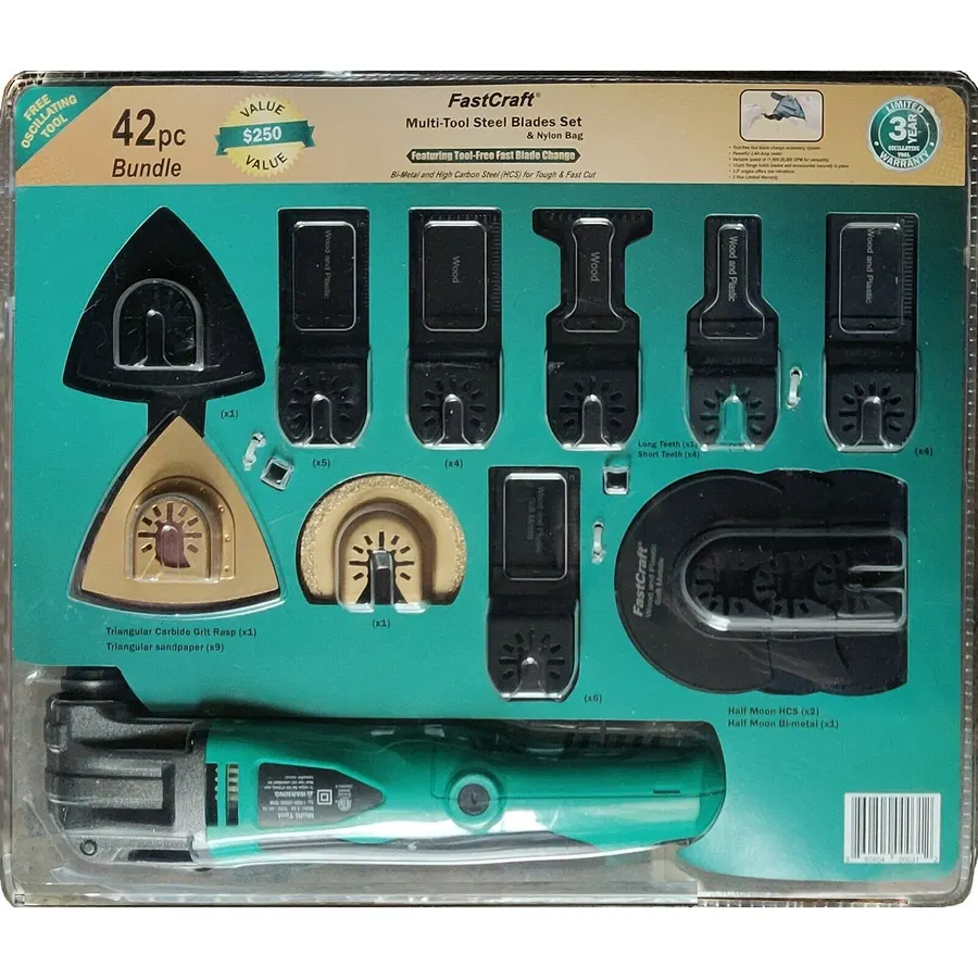 FastCraft 42pc Multi Tool -New Oscillating Tool Model JD2545U-K Great Holiday Gift 5A PEAK Rated 2.4A/Keyless Blade Change/6 Speeds/Fast Carbon Brush Replacement/3-4 Angles + 40pc Blades - Multi Tool