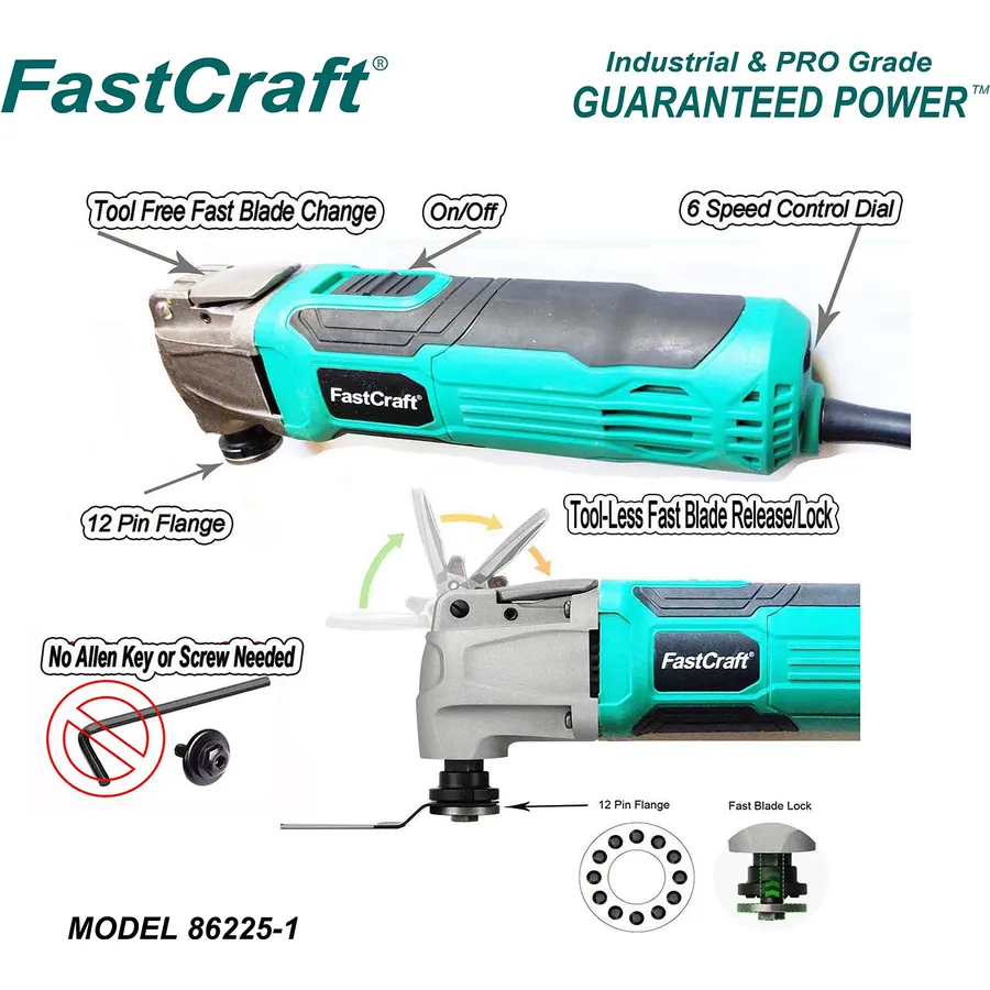 FastCraft Oscillating Tool w 3pc Saw Blades - 5.0A PEAK GUARANTEED POWER Keyless Fast Blade Change System 6 Speeds 3-4 Angles Cut PRO Multi Tool Model# 86225-1 Corded