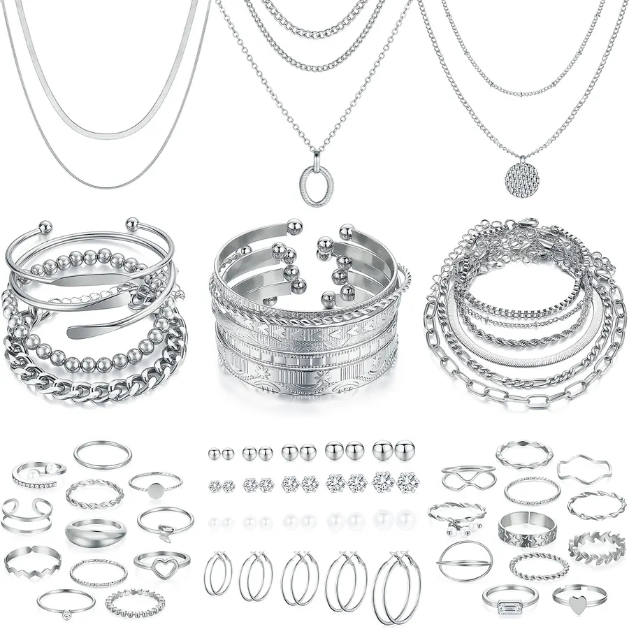 FAXHION 68 Pcs Gold Jewelry Set for Women with 7 Necklace, 17 Bracelet, 5 Hoop Earrings, 15 Stud Earrings, 24 Knuckle Rings for Women Jewelry Set for Women Gift