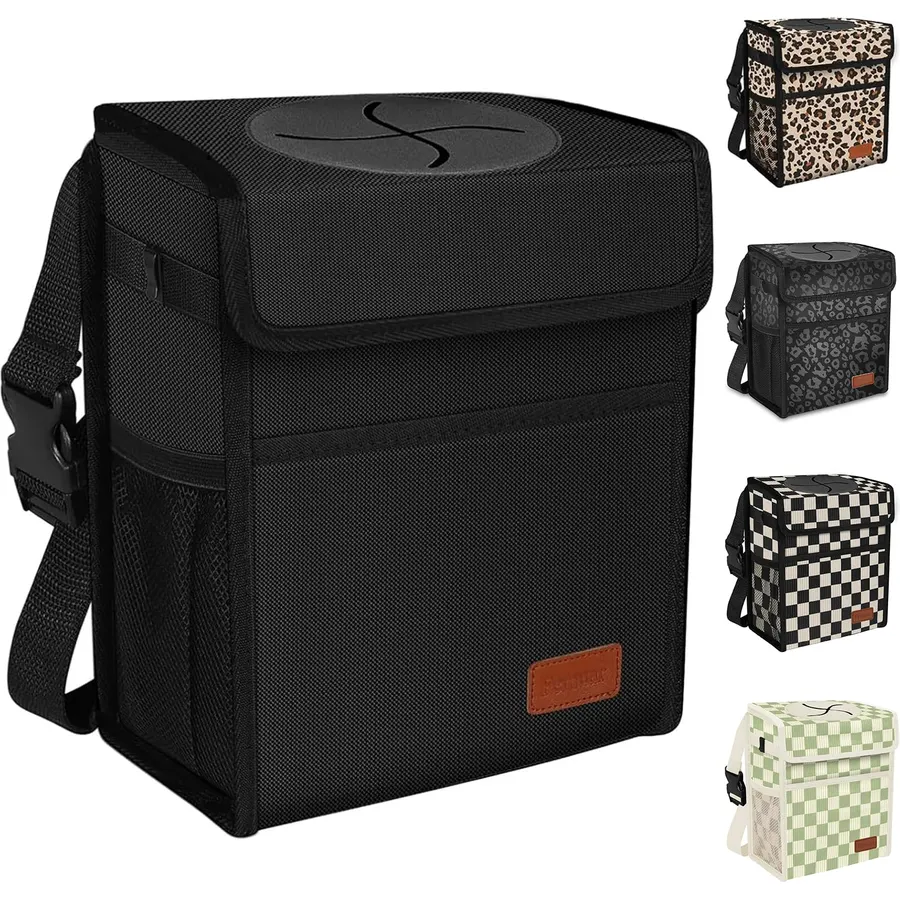Femuar Leak Proof Car Trash Can with Lid - Waterproof Automotive Garbage Bin for SUVs, Collapsible and Portable Car Trash Bag, Black