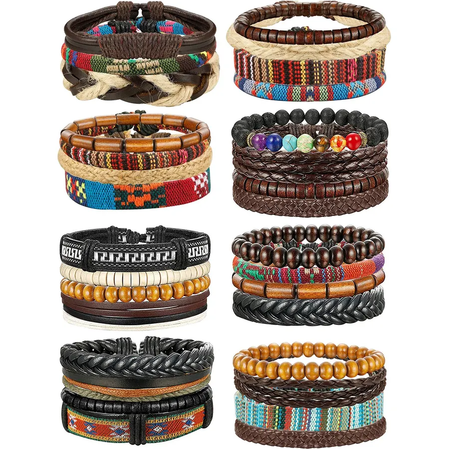 FIBO STEEL 31 PCS Braided Leather Beaded Bracelets for Men Women Set