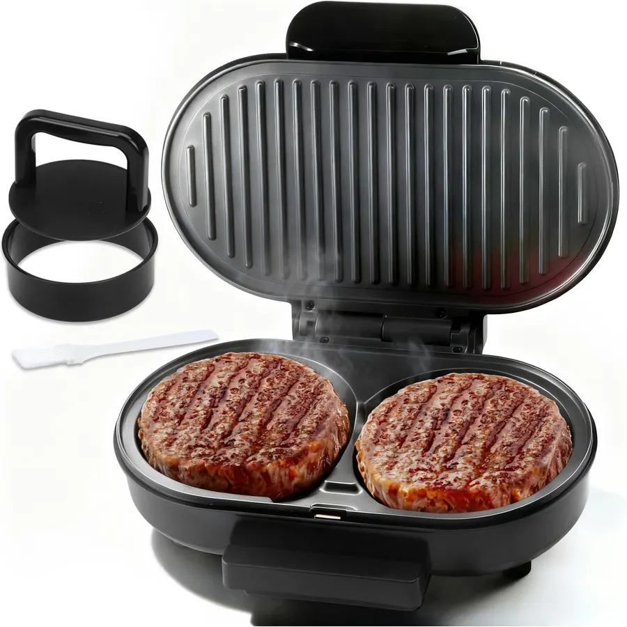 FineMade Double Mini Grill Maker, Breakfast Sandwich Maker, Burger Press Patty Maker, Panini Press Grill, Small Electric Grill, Ideal for Making Breakfast, Lunch and Snacks