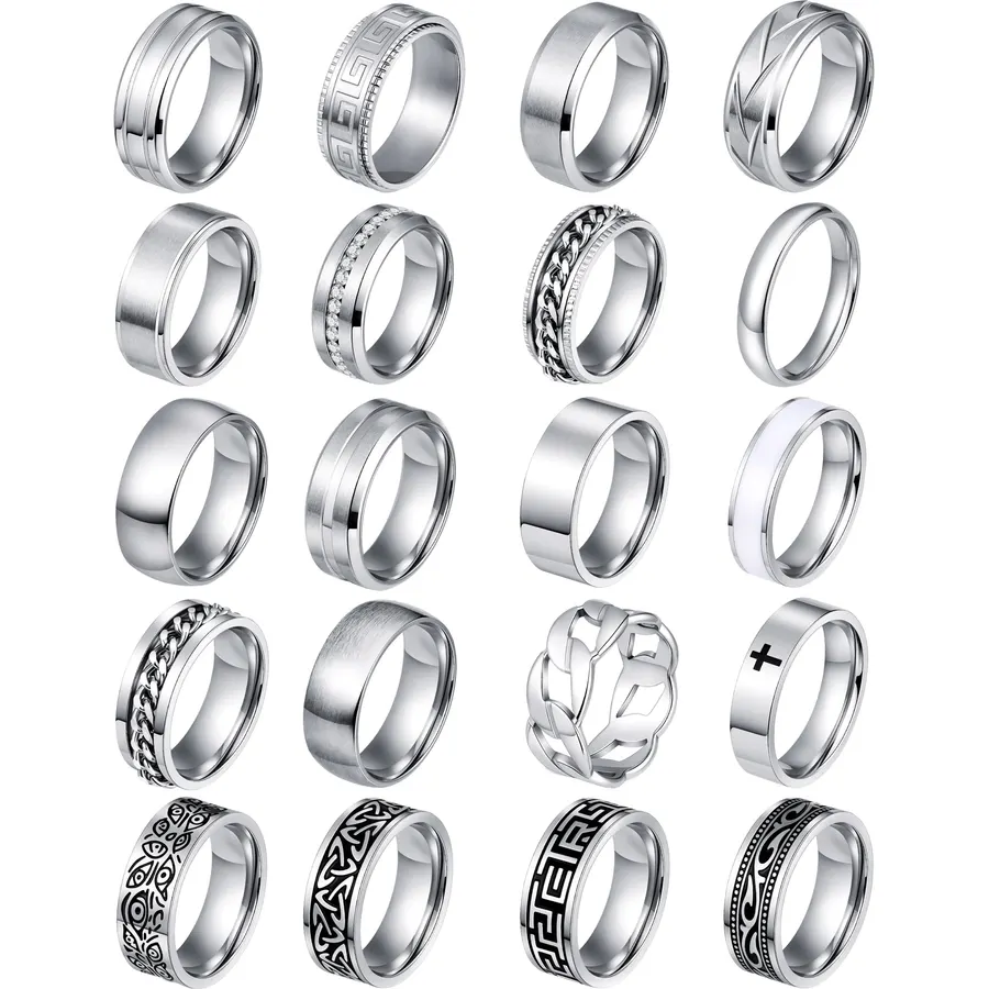FIRAZIO 20PCS Silver Rings for Men Stainless Steel Rings 7-13