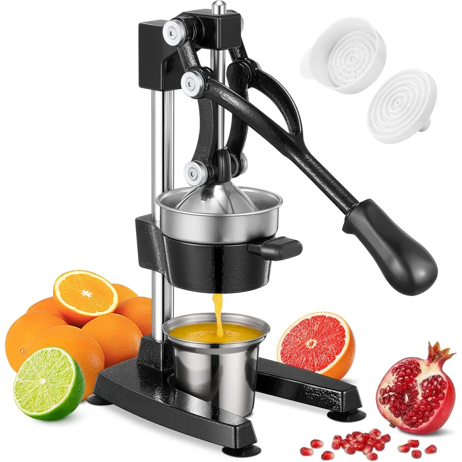Commercial Heavy Duty Cast Iron Hand Press Manual Orange Citrus Lemon Lime Grapefruit Pomegranate Fruit Juice Squeezer Machine with Stainless Steel Cup Red
