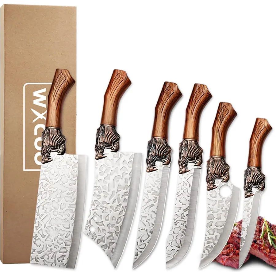 Forged Kitchen Chef Knife Set Stainless Steel Meat Fish Fruit Vegetables Slicing Knife Butcher Boning Cleaver Knives, 6PCS