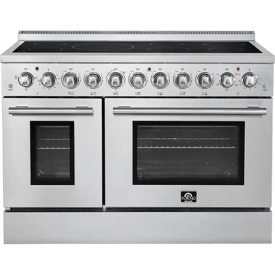 FORNO Paolo 48" Freestanding Electric Range with Side-by-Side Double Oven, 6.70 cu. ft. Total Capacity, 7-Burner Smooth Ceramic Cooktop, True Convection, 430 Stainless Steel