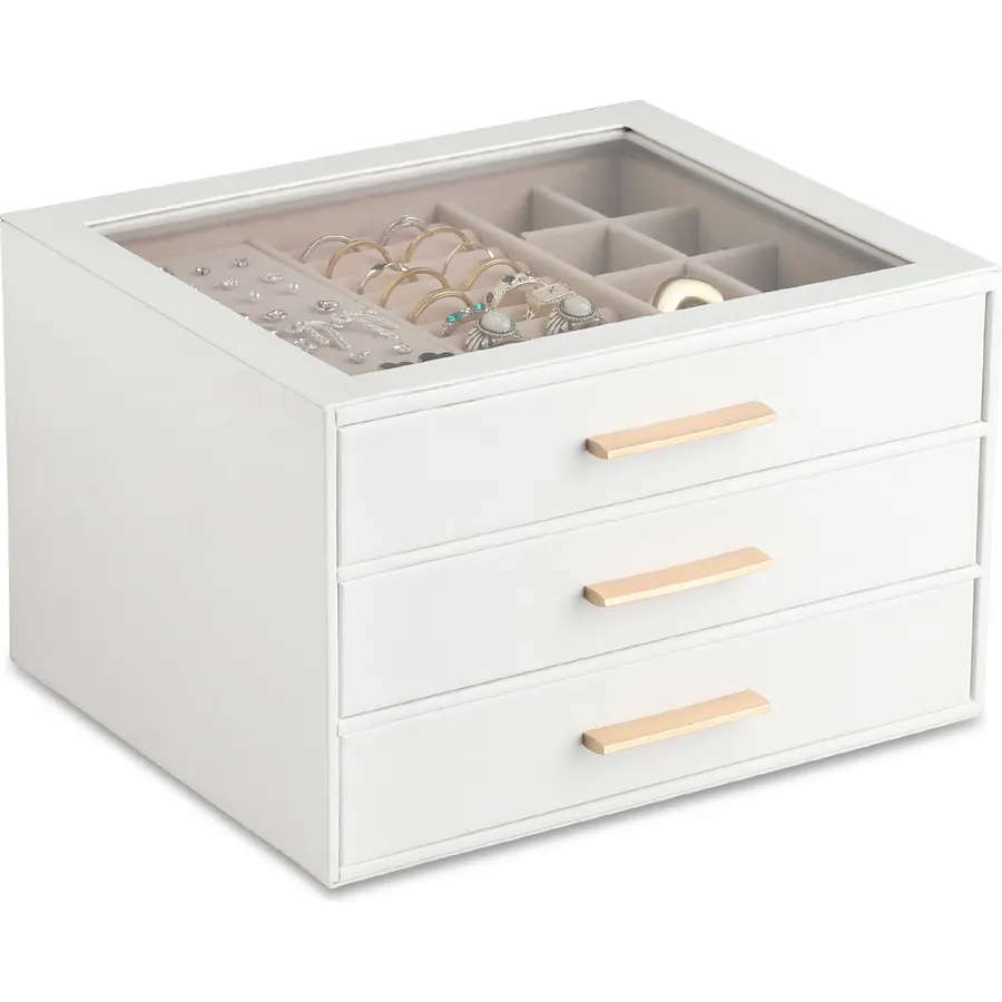 Frebeauty Jewelry Box for Women,Clear Lid Jewelry Organizer with 3 Drawers
