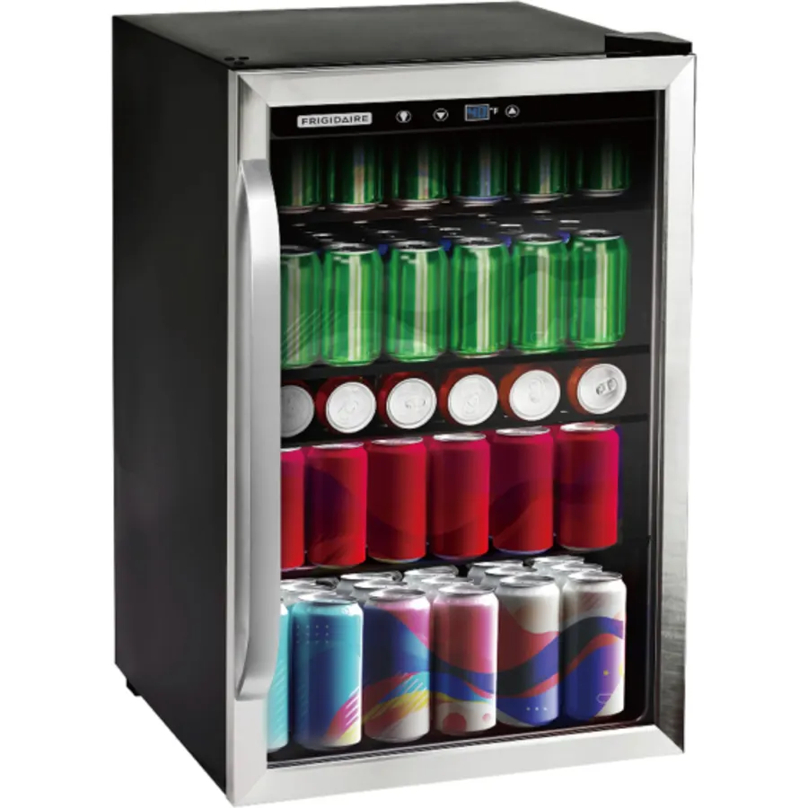 Frigidaire Beverage Refrigerator, Fridge with Glass Door, Compact Mini Fridge with Digital Temperature Control, Fits 115 Cans or 34 Bottles, 96L Capacity - 19.1" D x 17.5" W x 31.2" H