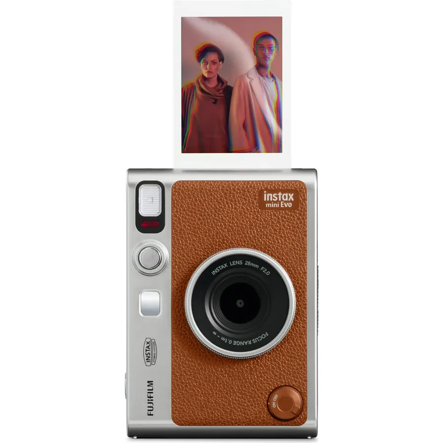 Fujifilm Instax Mini EVO Hybrid Brown Instant Camera | Instax Mini Twin Pack Instant Film | 32GB microSD Card with Adapter | Brown Camera Case