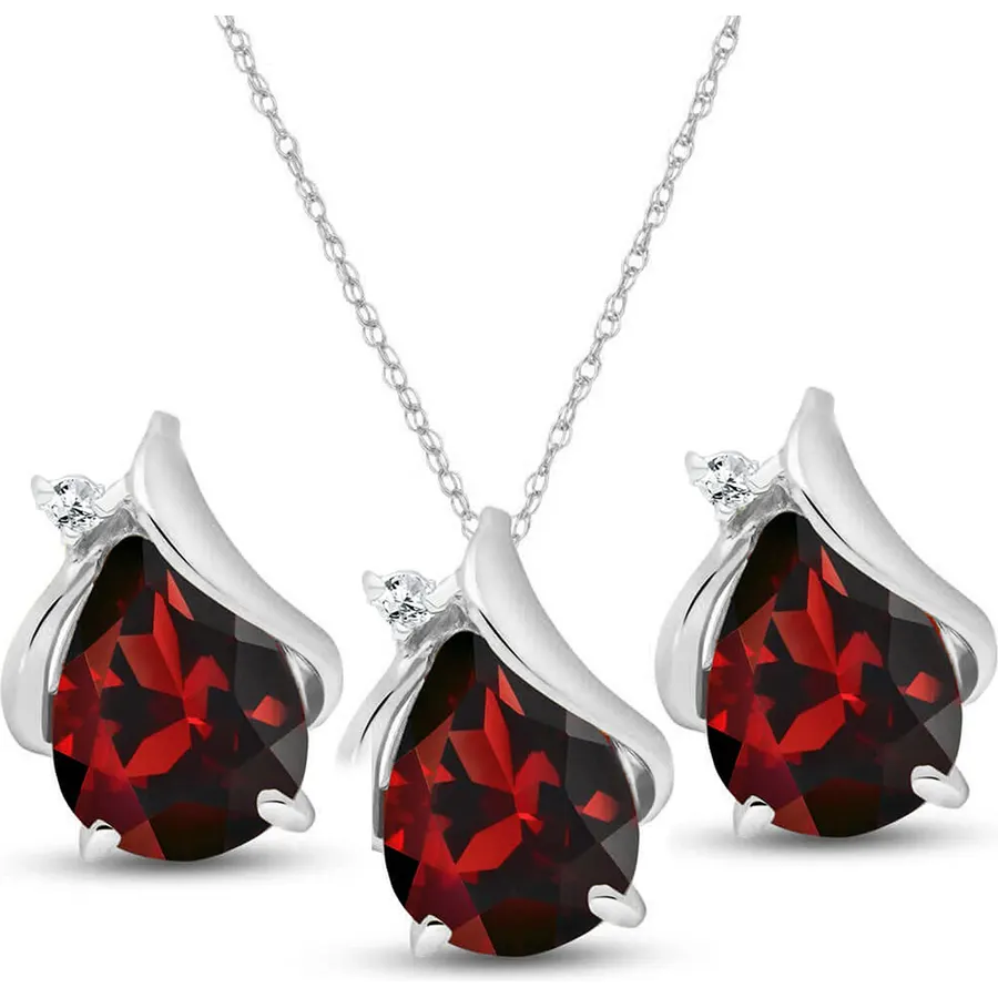 Galaxy Gold GG 14K Rose Gold 6 Carat Natural Garnet and Diamond Teardrop Necklace and Earring Set - January Birthstone - Energy & Devotion - 14" to 24" - Fine Jewelry for Women