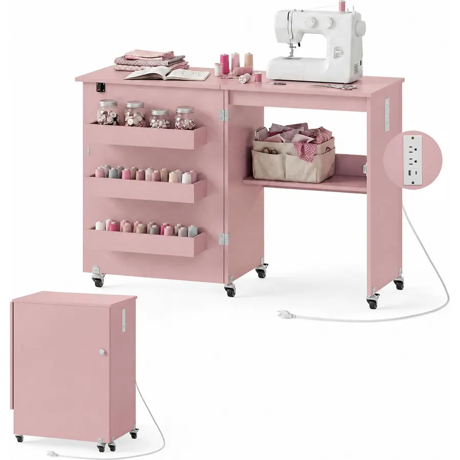 GIANTEX Folding Sewing Table with Charging Station, Storage Trays & Shelf