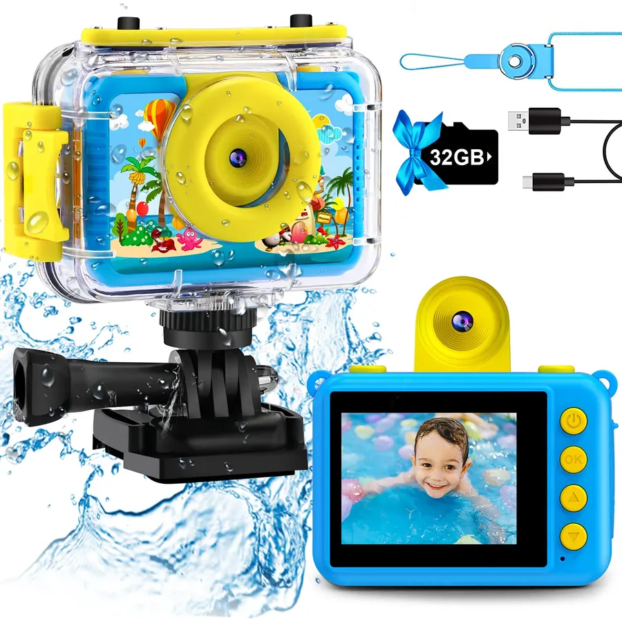 GKTZ Kids Waterproof Underwater Camera 1080P 4X Zoom 2"IPS Screen 32GB Card